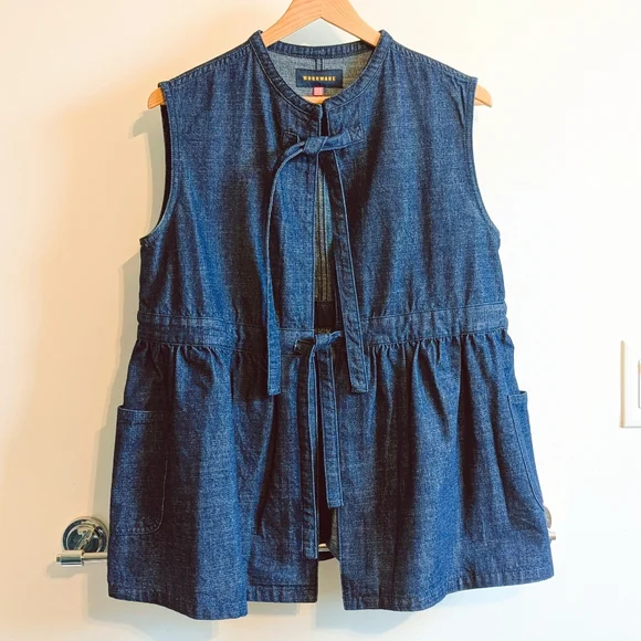 WORKWARE Indigo Slub tie-front Denim Gilet Vest - M/L - Picture 1 of 6